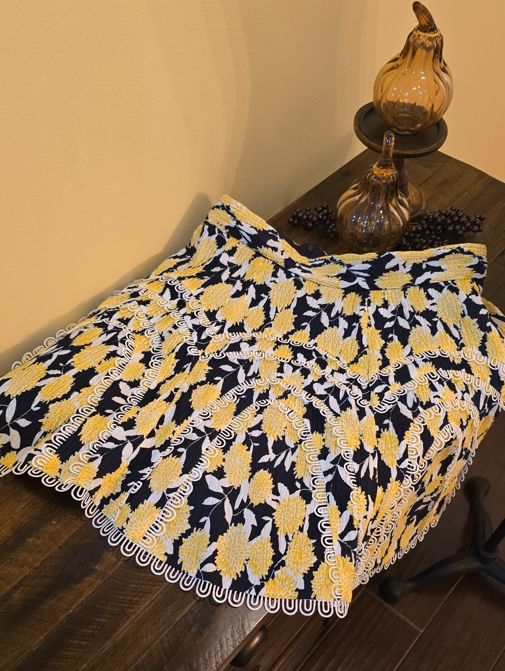 Yellow & Navy Floral Circle Skirt with White Scallop Details